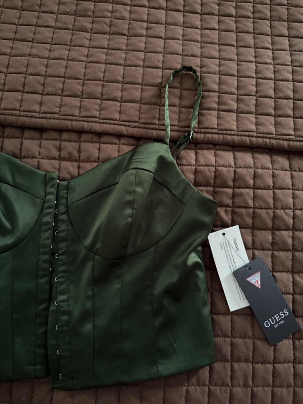 GUESS Dark Green Satin Bustier with Adjustable Straps